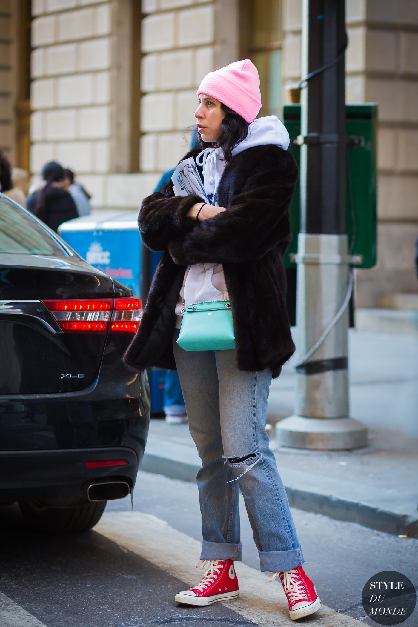 fur hoodie pink hat by STYLEDUMONDE Street Style Fashion Photography